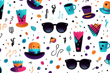Seamless pattern with hat, sunglasses, cup of coffee and confetti. Vector illustration