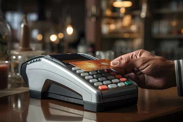 Fotobehang Customer pays with credit card at checkout counter © Алина Бузунова