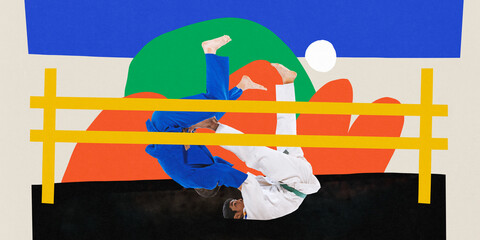 Poster. Contemporary art collage. Modern creative artwork. Young strong men in taekwondo uniform...