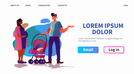 happy pregnant woman future mom and man with stroller discussing during meeting pregnancy motherhood expectation concept