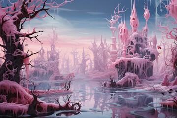 Graceful frost faeries, creating intricate ice sculptures in frozen landscapes - Generative AI - obrazy, fototapety, plakaty