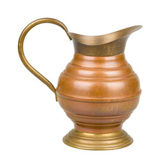 Brass pitcher. Close up shot of a vintage jug. Png clipart isolated on transparent background