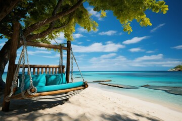 Fototapeta na wymiar A serene island escape, where a beach swing beckons serenity