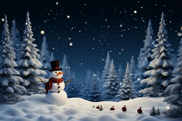 Obraz premium A snowy scene with a snowman and pines in falling snow