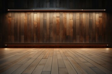 A stage like setting with wooden floor, wall, and product display - obrazy, fototapety, plakaty