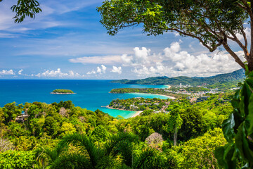 Panorama of Three Bay Viewpoint, Karon, Kata and Kata Noi Beach are popular tourist destinations in Phuket, Thailand. - obrazy, fototapety, plakaty