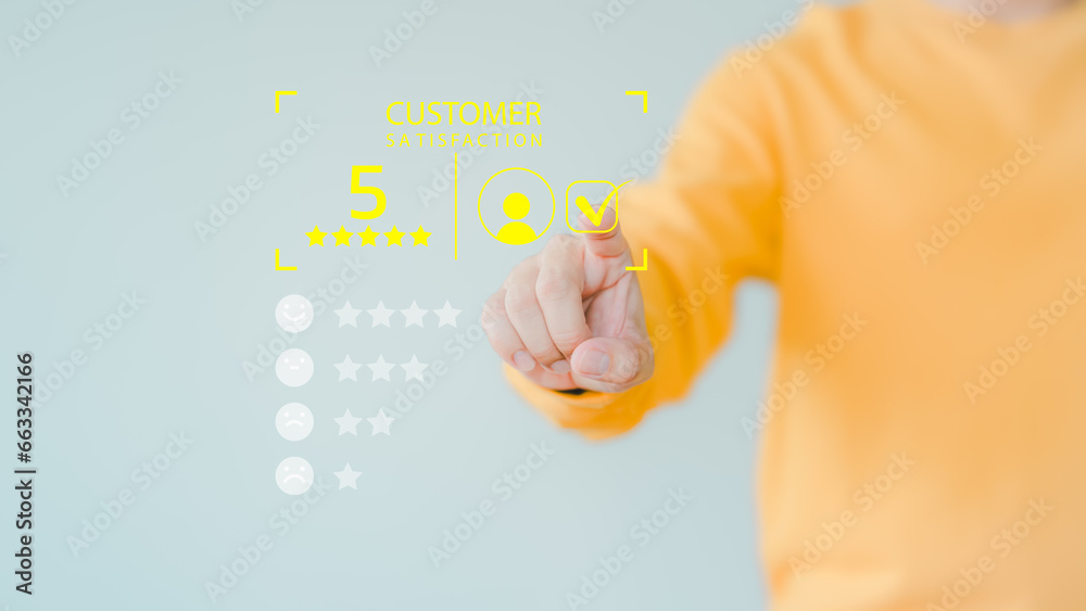 Poster member hand touch virtual screen on smile face icon to give satisfaction in opinion on online applic