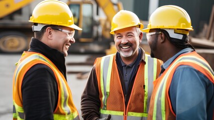 Diverse group of construction workers with friendly conversation on professional construction site. Strong partnership and good relationships with their colleagues. Diversity and equality in workplace