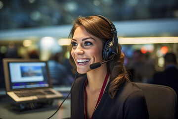 Friendly young woman wearing a telephone headset. She is working as a customer service operator providing support over the phone. 
