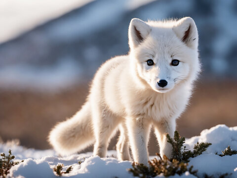 Small cute arctic fox on the snow at sunset. Generative Ai