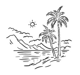 Panorama of the summer landscape. Tall palm trees against the backdrop of mountains and sea. Vector linear illustration