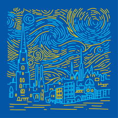 Glowing yellow stars and blue sky with city. Abstract linear background. Vector pattern in the style of impressionist paintings.