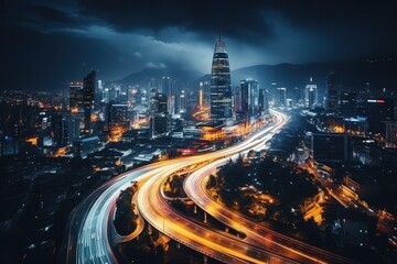 Fototapeta na wymiar Abstract night cityscape background. Smart city, ai and digital transformation concept. Generative AI