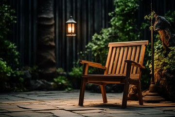 Fototapeta na wymiar A tranquil wooden chair, the perfect spot to unwind amid blur