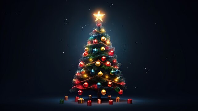  a brightly lit christmas tree with presents under the tree and a star on top.  generative ai