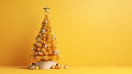  a yellow christmas tree with ornaments on a yellow background with a star on top.  generative ai