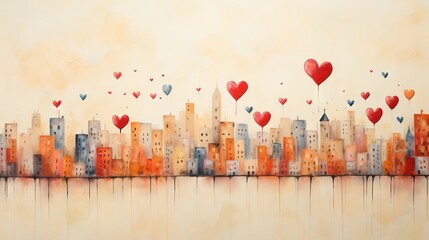  a painting of a city with lots of balloons floating in the air.  generative ai