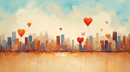  a painting of a city with lots of balloons floating in the air over a lake with a city skyline in the background and a blue sky filled with clouds.  generative ai