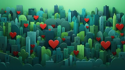  a city with lots of red hearts in the middle of it.  generative ai