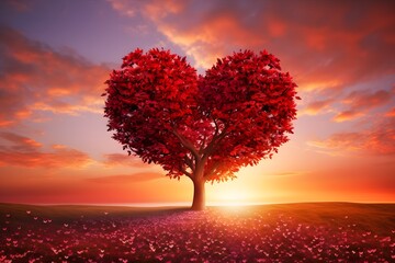 Tree of love. Red heart shaped tree landscape. Valentine's Day background. - obrazy, fototapety, plakaty