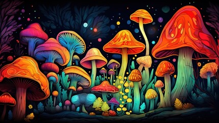  a painting of many different colored mushrooms in a forest at night.  generative ai