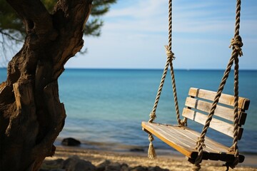 A wooden swing hangs from a tree, overlooking the tranquil sea