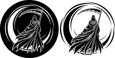 Grim Reaper dark gothic silhouette with moon. Tattoo, Halloween design and decor element. Highly detailed and neat lines for print or engraving