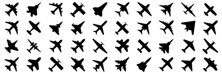 Black airplane icon collection. Set of black plane silhouette icon. Aircraft icons. Flight transport symbols - obrazy, fototapety, plakaty