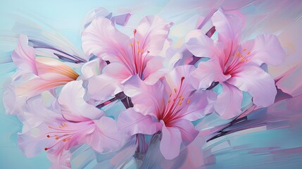  a painting of pink flowers on a blue and pink background.  generative ai