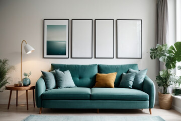 Teal sofa and modern picture frames on the wall. Scandinavian home interior design of modern living room.