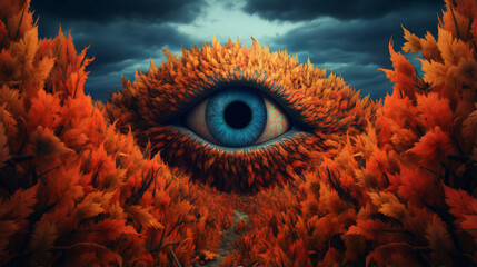 Otherworldly surreal eye merging with vibrant fall foliage blurring line between reality and imagination blending them harmoniously, surreal concept of autumn nature, all seeing eye of nature - obrazy, fototapety, plakaty