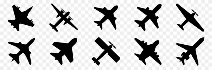 Foto op Canvas Black airplane icon collection. Set of black plane silhouette icon. Aircraft icons. Flight transport symbols © top dog