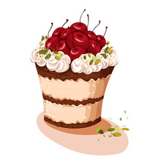 Celebration cherry cake chocolate with cherries and whipped cream. Birthday Cake.