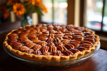 A delicious home made pecan pie on a wooden counter top.