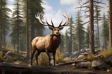 Fototapeta premium Landscape with elk standing, forest in the background. Generative AI