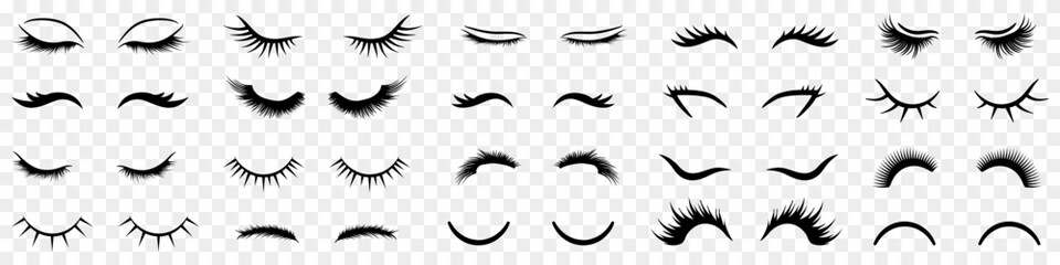 Black eyelash icon collection. Set of eyelash icons. Cartoon eyelashes. Black closed eyes girl with eyelashes icons - obrazy, fototapety, plakaty