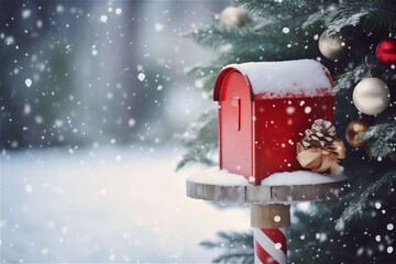 red mailbox on a snowy day covered in snow in winter