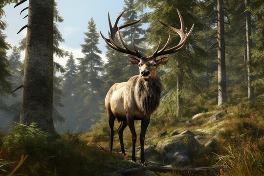 Landscape with elk standing, forest in the background. Generative AI