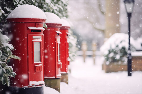 red mailbox on a snowy day covered in snow in winter