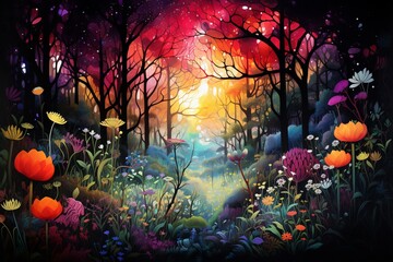 Colorful forest with vibrant flora and misty ambiance, depicted artistically in 2D. Generative AI