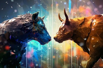 Futuristic depiction of financial markets with bull and bear. Ideal for banner backgrounds. Generative AI - obrazy, fototapety, plakaty