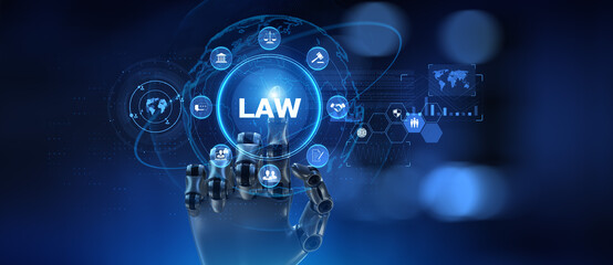 Labor law cyber compliance advocacy business concept. Robot hand Pressing button 3d render.