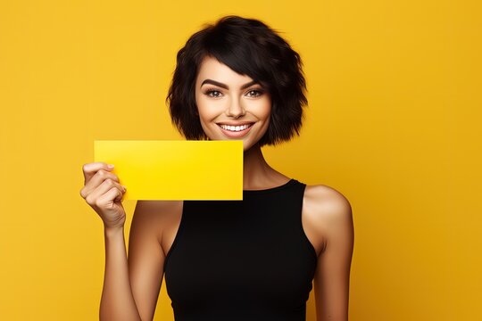 Smiling woman holding a yellow sign, yellow background. Generative AI
