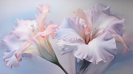  a painting of two white flowers in a vase on a table.  generative ai