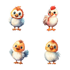 set of happy cute rooster watercolor illustrations for printing on baby clothes, pattern, sticker, postcards, print, fabric, and books