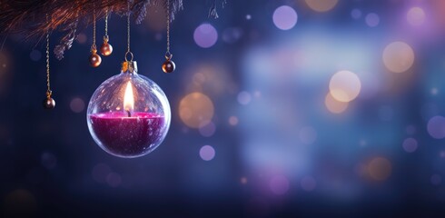 Fototapeta premium Candle with bright flame in purple ball hanging on dark blurred background with bokeh lights. Christmas and New Year holiday banner. Prayer concept