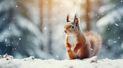 Cute red squirrel in the falling snow against the background of a pine forest. Winter time...