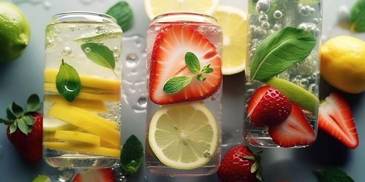 photo of infused water with various fruit flavors. generative AI