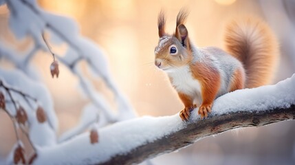 Naklejka na ściany i meble Cute red squirrel in the falling snow against the background of a pine forest. Winter time background