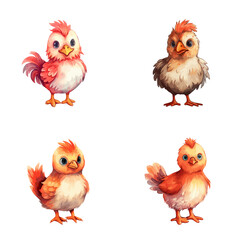 set of happy cute rooster watercolor illustrations for printing on baby clothes, pattern, sticker, postcards, print, fabric, and books